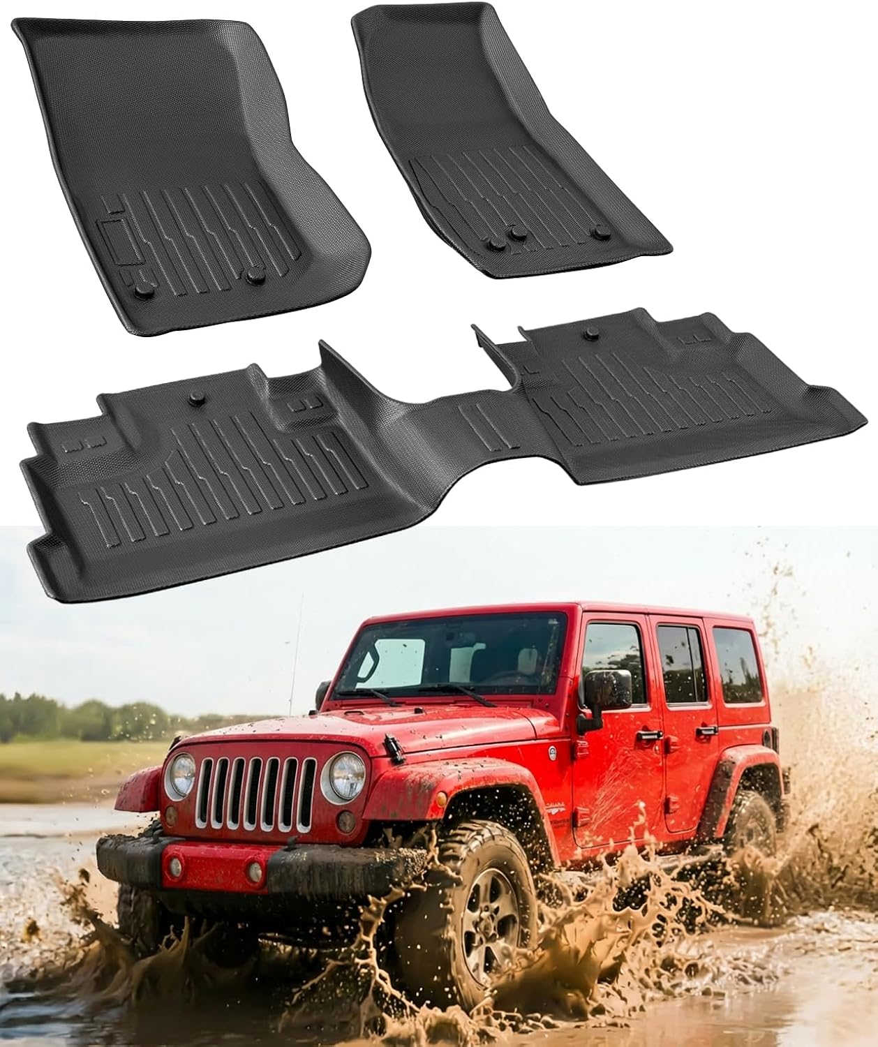 Car Floor Mats for Jeep Wrangler JK Unlimited: 2007–2018 4-Door (NOT for JL/2-Door), Custom Fit for Unilmited Sahara Rubicon All-Weather Anti-Slip Floor Liners, 1st & 2nd Row