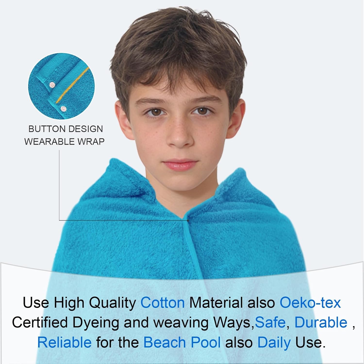 VOOVA & MOVAS Big Kids Hooded Towel (6-12Years) - 100% Cotton Thick 600GSM Bath Towel Wrap for Boys | Girls | Teens, Ultra-Soft & Absorbent - Perfect for Swim | Bath | Beach | Gifts, Turquoise