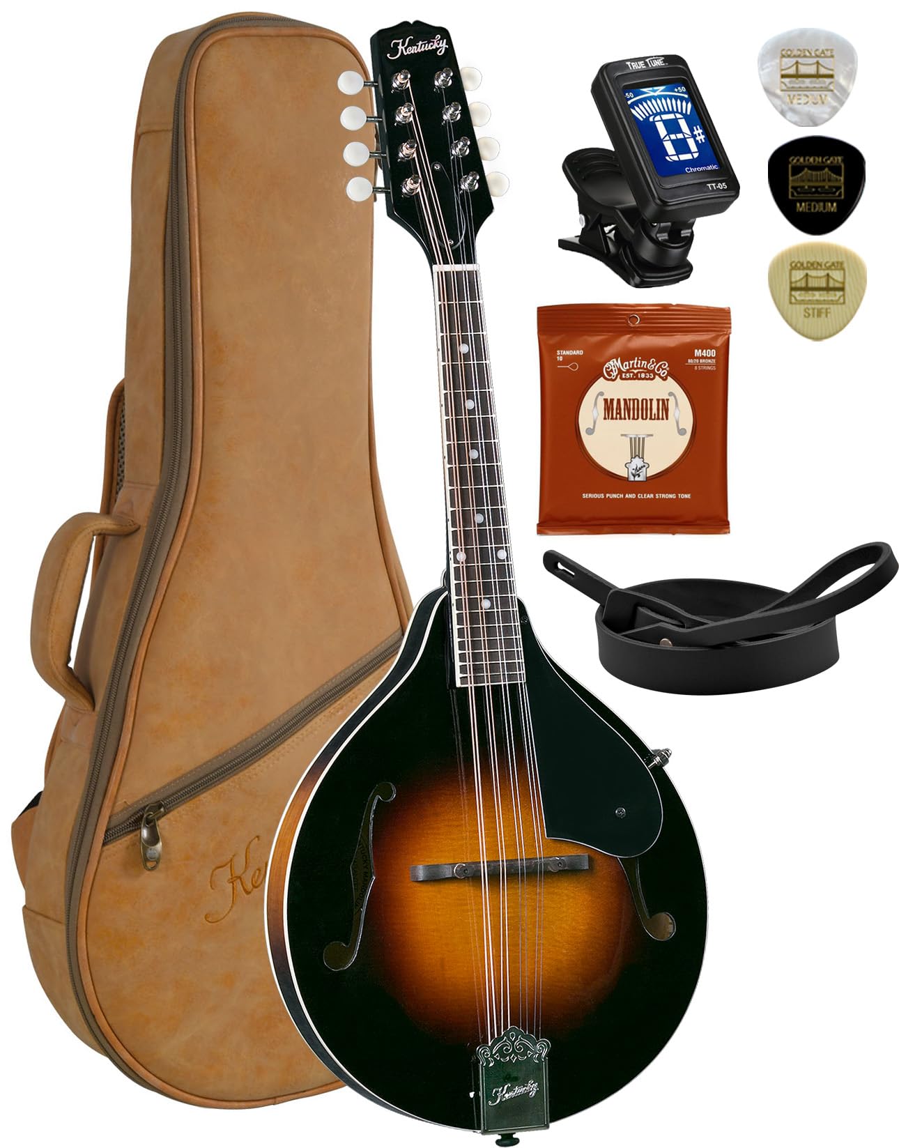 Kentucky KM-140 Standard Solid Carved Spruce Top A-Model Mandolin with Instrument Alley Bag, Tuner, Picks, Strap, Strings Bundle Sunburst Teardrop Body