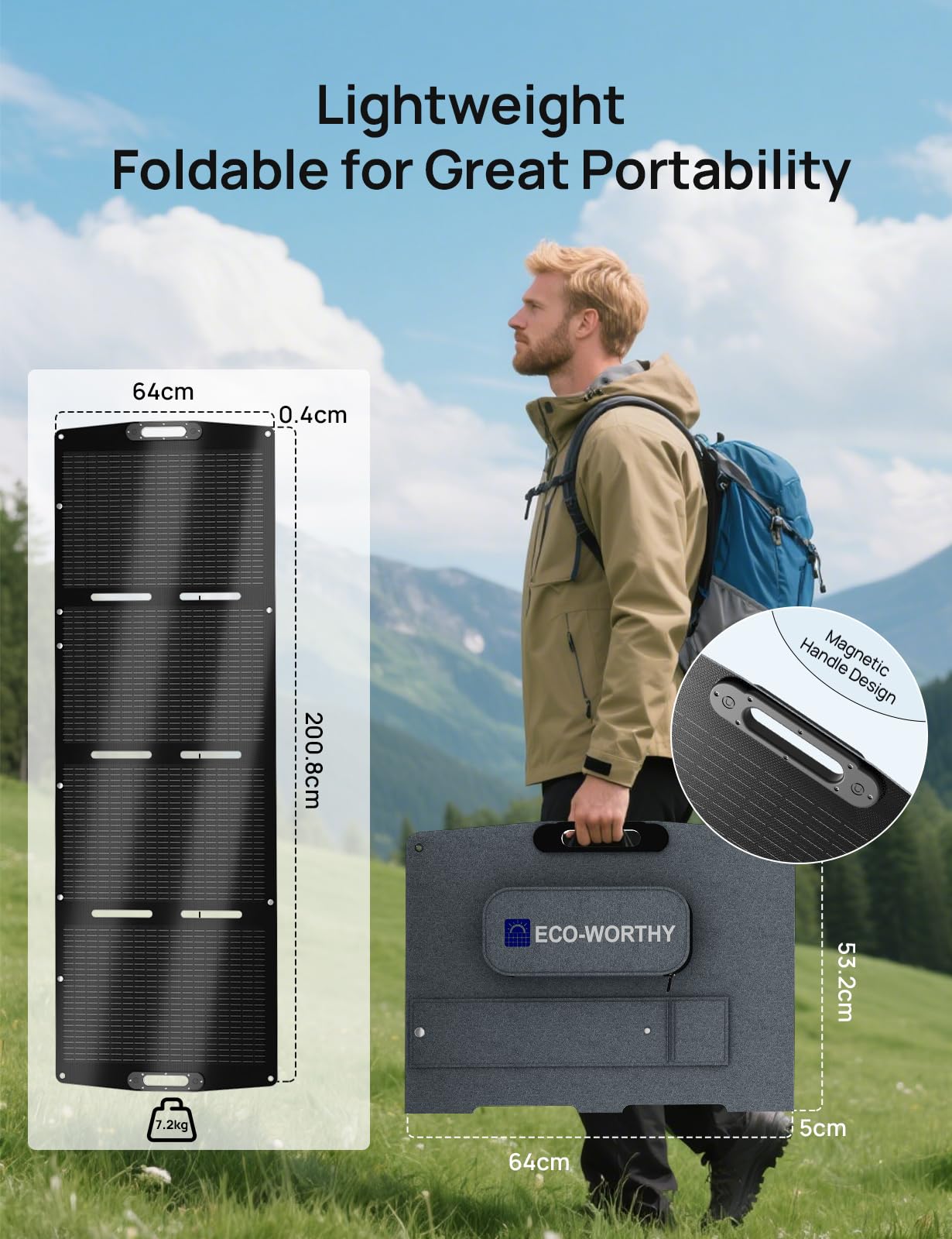 ECO-WORTHY Panneau Solaire Portable 200W, XT60, ETFE, Panneau Solaire Pliable Mono, Jusqu’à 23% d’efficacité, Approprié à la centrale électrique, extérieur, camping-car, jardin