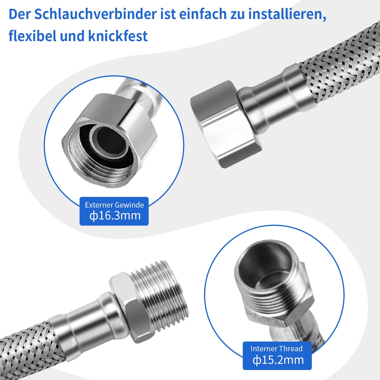2 tubi flessibili da 3/8 pollici (60 cm: 30 + 30 cm), tubo corazzato in acciaio inox 304 con filettatura/filettatura esterna, flessibile per rubinetto, valvola angolare, cassetta di
