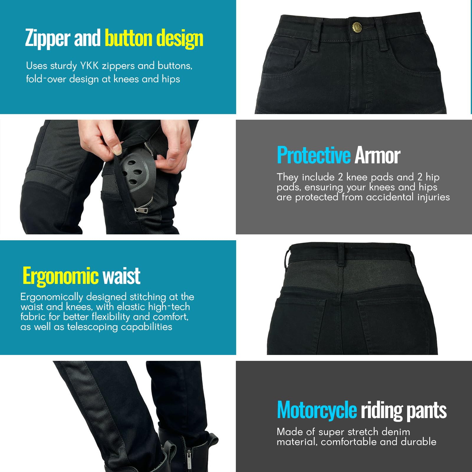 Pantalones De Moto para Mujer,Kevlar Vaqueros De Motociclista Elástico Carreras Senderismo Pantalones con Bolsillos Y 4 Almohadillas Protectoras Desmontables