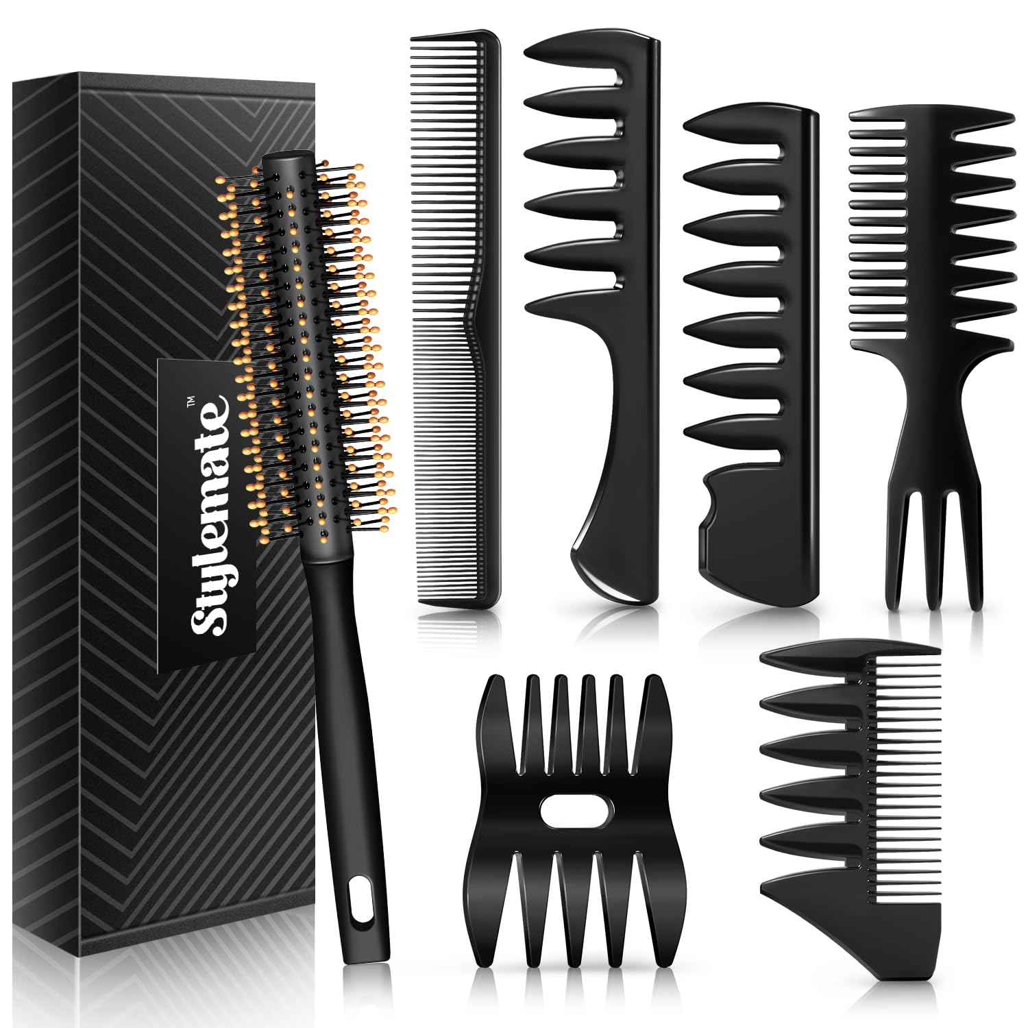 Men’s Hair Styling Combs and Brush Set – Roller Brush for Adding Volume, Pompadour, Slicked-back, Fauxhawk, Undercut Styling Combs