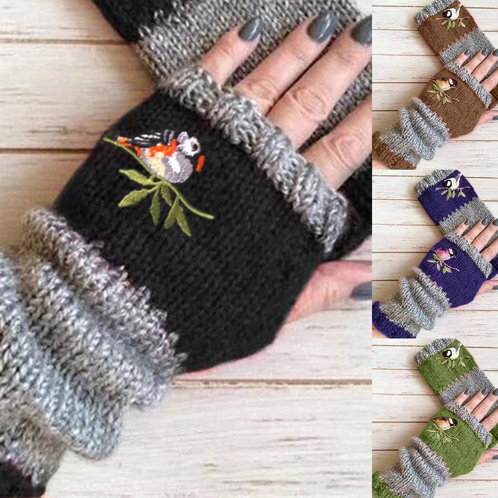 Wrist Warmers, Women Winter Knitted Fingerless Gloves Bird Embroidered Color Block Splice Half - Image 2