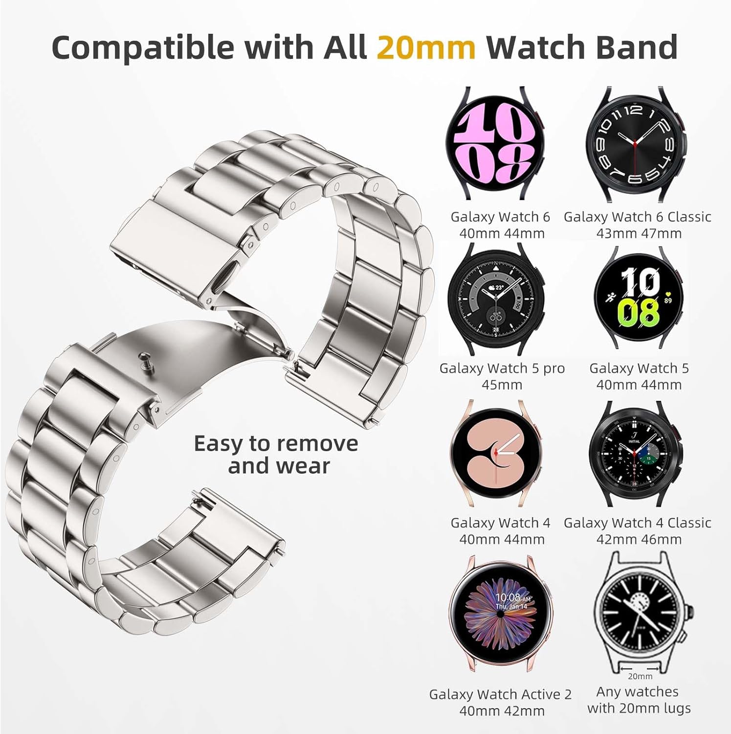 lerobo stainless steel band compatible with samsung galaxy watch 8 7 6 5 4 fe 40mm 44mm 45mm/galaxy watch 8 classic 6 4 classic 43mm 47mm 42mm 46mm, 20mm metal replacement band for men women starlight galaxy 7/6/5/4/6 4 classic/5 pro/active 2