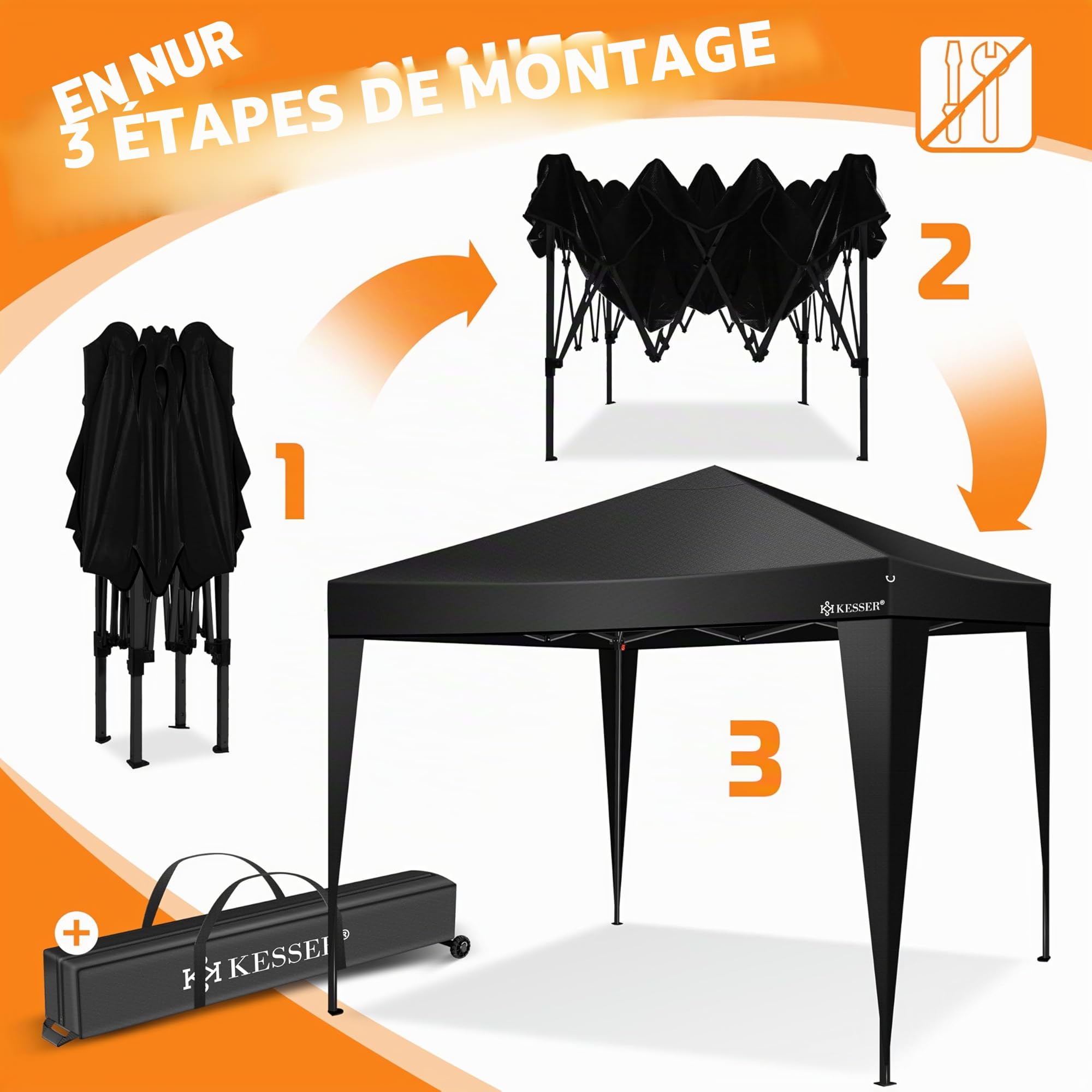 KESSER® Pavillon Pliable 3x3m | Pop-Up Réglable en Hauteur Stable Etanche Résistant à l'hiver | Protection UV 50+ y Compris Sac avec roulettes & ancrage au Sol - Noir/Noir