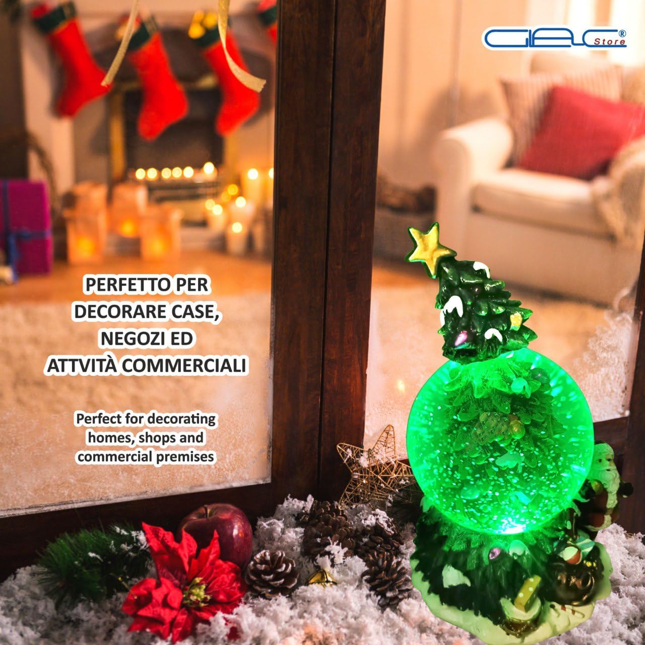 Sfera di Neve Natalizia con Albero e Babbo Natale, 20x12 cm, Ampolla in Vetro con Effetti Sonori, Decorazione Festiva