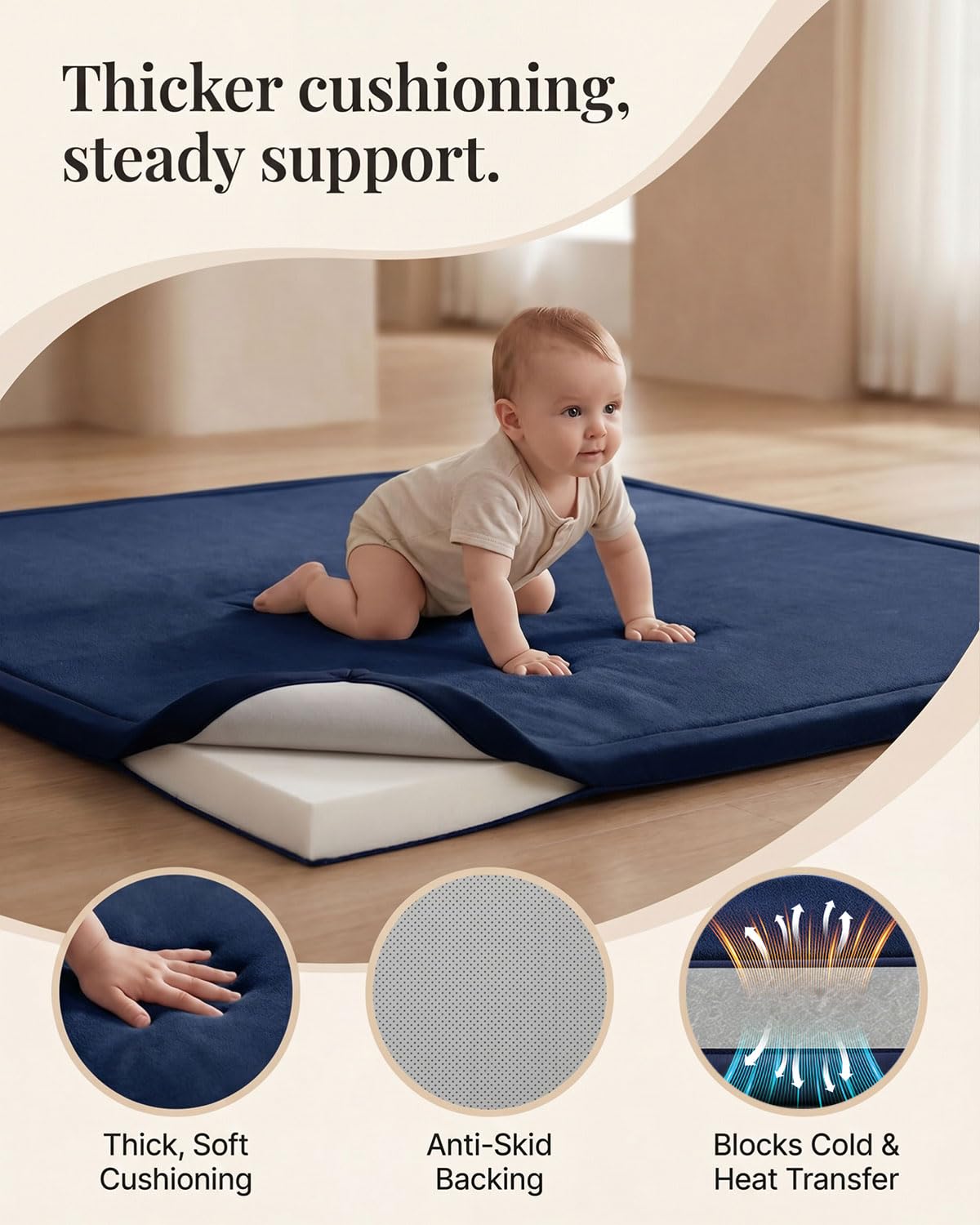 Baby Play Mat for Floor Playpen Mat 1.3" Thick Elasti-Foam Padded Cushioning Non-Slip Playroom Tatami-Style Nursery Mat for Tummy Time & Crawling for Babies Toddlers Infants Dark Blue