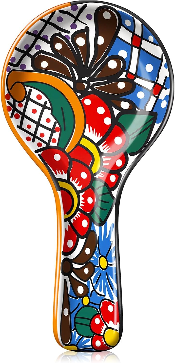 Remerry Mexican Talavera Pottery Ceramic Spoon Rest Multicolor Kitchen Cooking Utensil Rest for Counter and Stove Home Mexican Kitchen Gifts Dishwasher Safe Housewarming Accessory