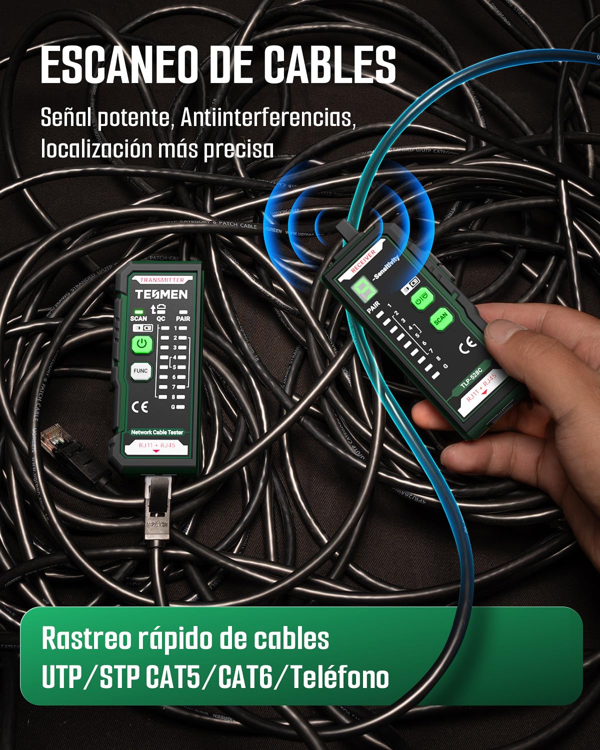 TESMEN TLP-528C Probador de cables de red, RJ11/RJ45, localizador Ethernet CAT5/CAT6 con prueba de continuidad & QC, buscador de líneas LAN y telefónicas, ideal para mantenimiento de cables – Verde
