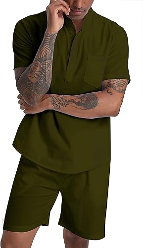Miniatura 4 de Conjunto de algodón y lino para hombre, camisas Henley, pantalones cortos, trajes de 2 piezas, ropa de playa, traje de vacaciones a juego, ropa de