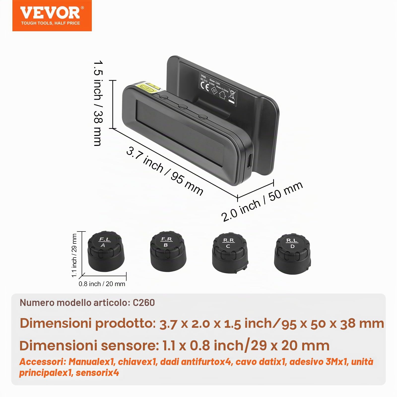 VEVOR Sistema di Monitoraggio Pressione dei Pneumatici per Camper 7.3-87psi Rimorchio TPMS Sistema di Allarme per Auto Wireless Universale Kit Sensore TPMS Impermeabile con Carica Solare 4 Sensori