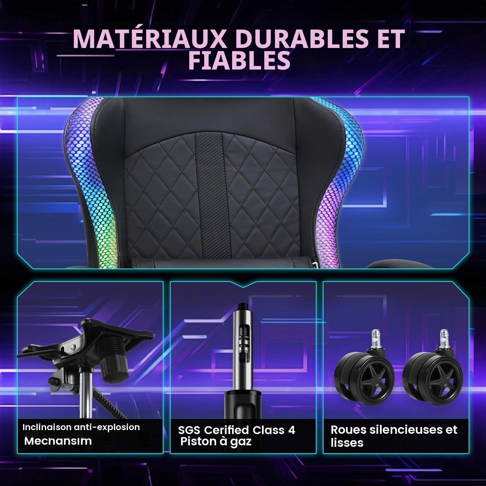GTPLAYER Chaise de Jeu, Chaise de Bureau, Chaise de Jeu avec Haut-Parleur et Barre Lumineuse, Dossier avec Sac de Rangement, Chaise Ergonomique en Polycarbonate avec télécommande, Supporte 150 kg
