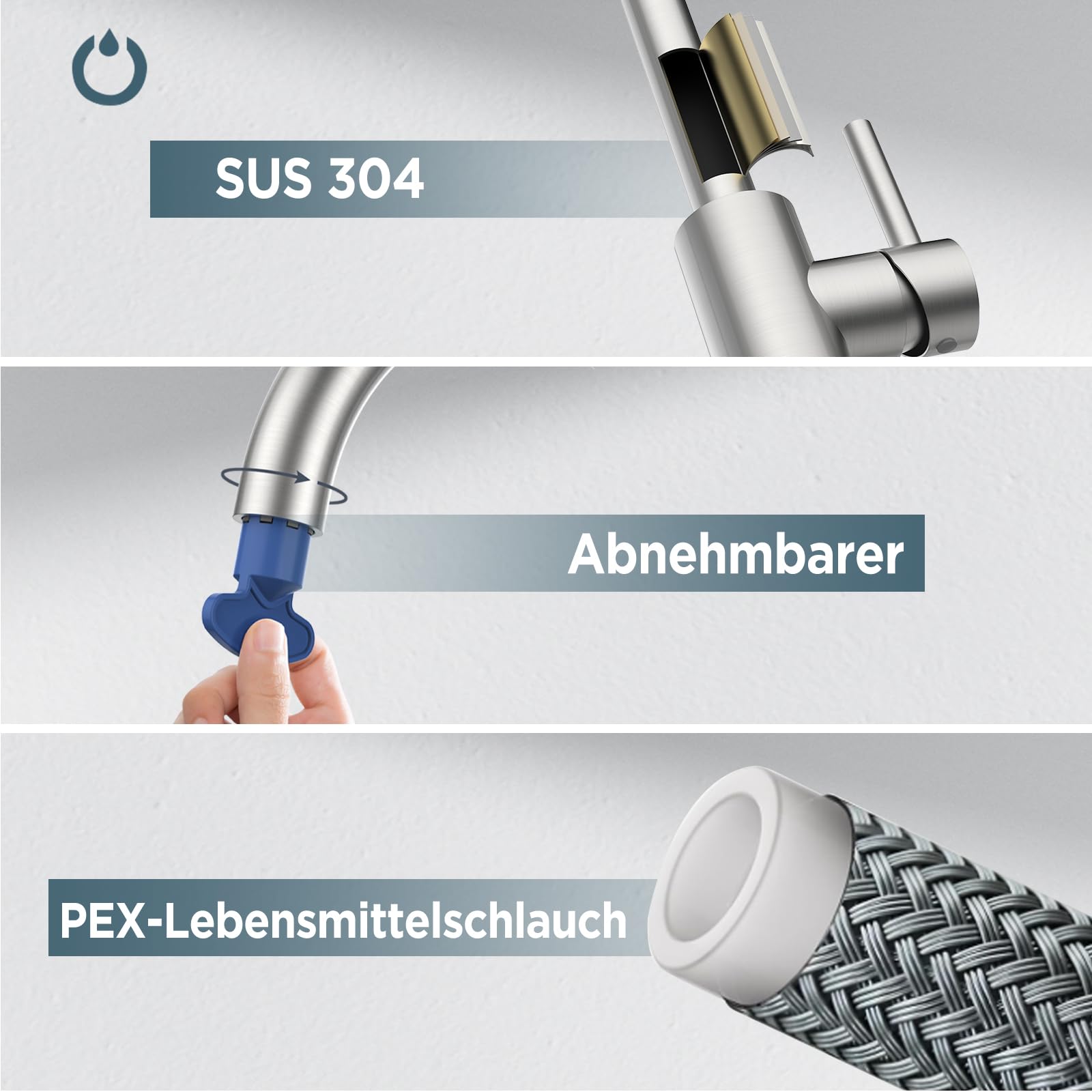 FORIOUS Wasserhahn Küche, Mischbatterie Küche, Küchenarmatur mit 360° Drehbar, Spülenarmatur mit Einhebel für 1 Loch, Auslaufhöhe 230 mm, Hebel, Edelstahl, Standard