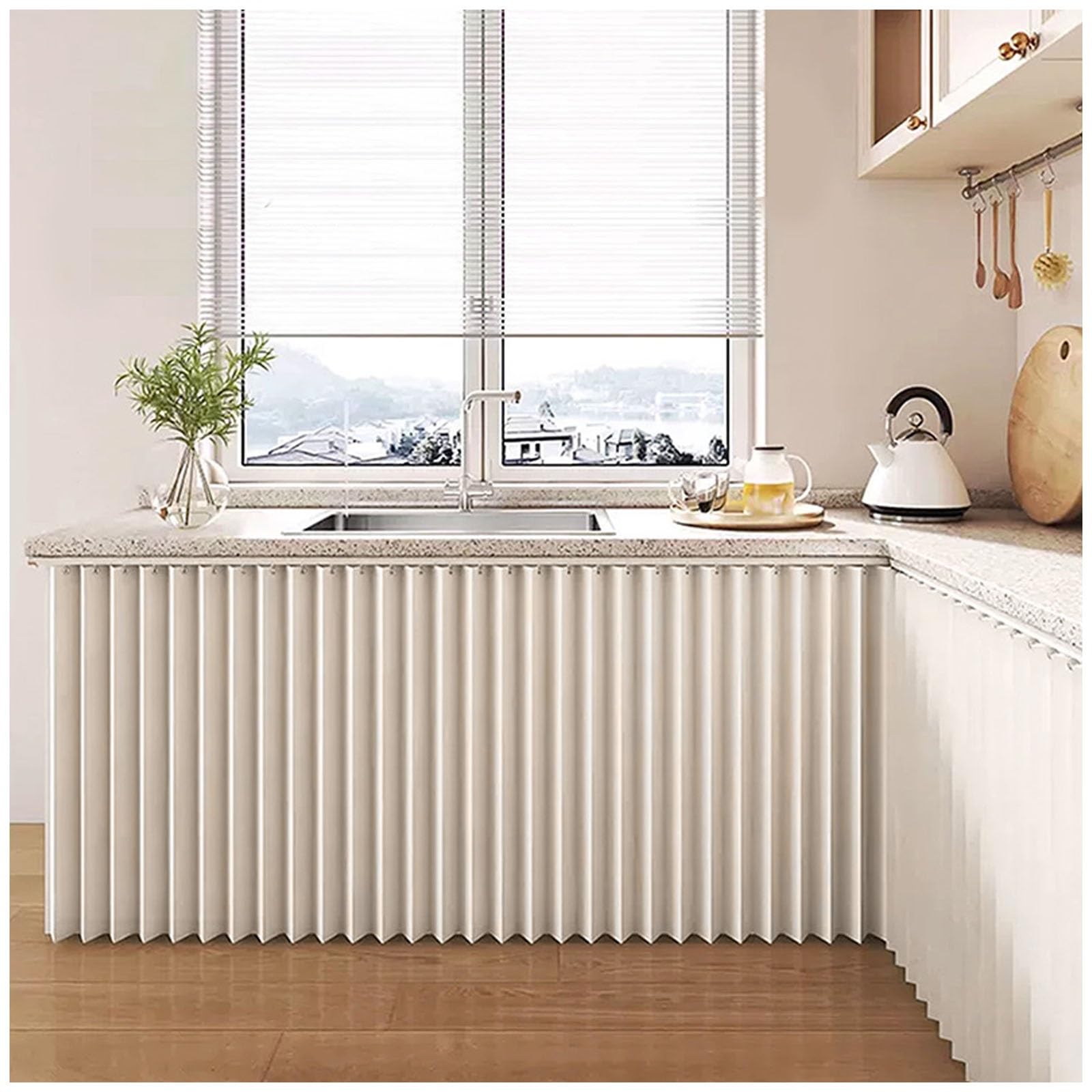 Cupboard Curtain Kitchen - Dustproof Blackout Waterproof Cafe Short Curtains with Self Adhesive Track, Under Sink/Counter Curtain, Kitchen Cabinet/Wardrobe/Washing Machine Curtains(Beige,100x80cm)