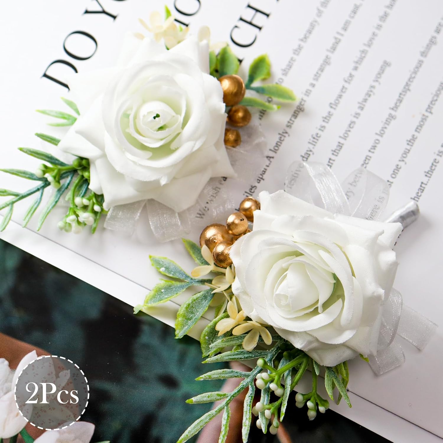 2 Pcs White Wrist Corsage and Boutonniere Set, Rose Corsage Hand for Women, Boutonniere for Men Wedding Flowers Accessories Prom Decor Party Suit Decoration (White) - Image 2