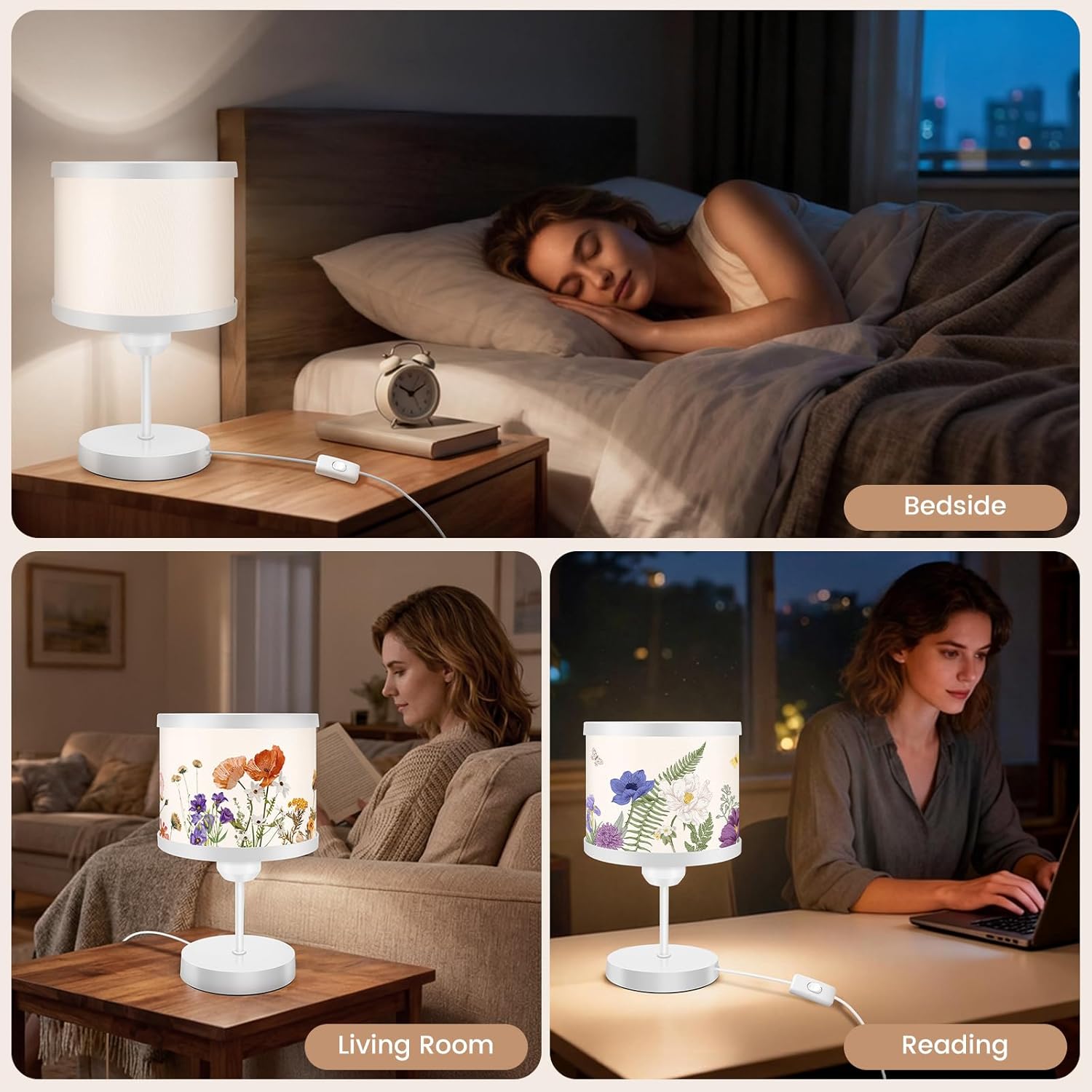 Dried Flower Small Table Lamp with 3-Mode Rotated Changing Printed Floral Shade, Metal Base and 5W LED Bulb, Warm Night Light Cottage Core Decor for Living Room Bedside Kitchen Desk (White)