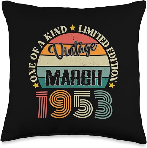Vintage Birthday Retro Limited Edition Retro Gifts 71 Year Old Vintage March 1953 71st Birthday Retro Throw Pillow, 16x16, Multicolor