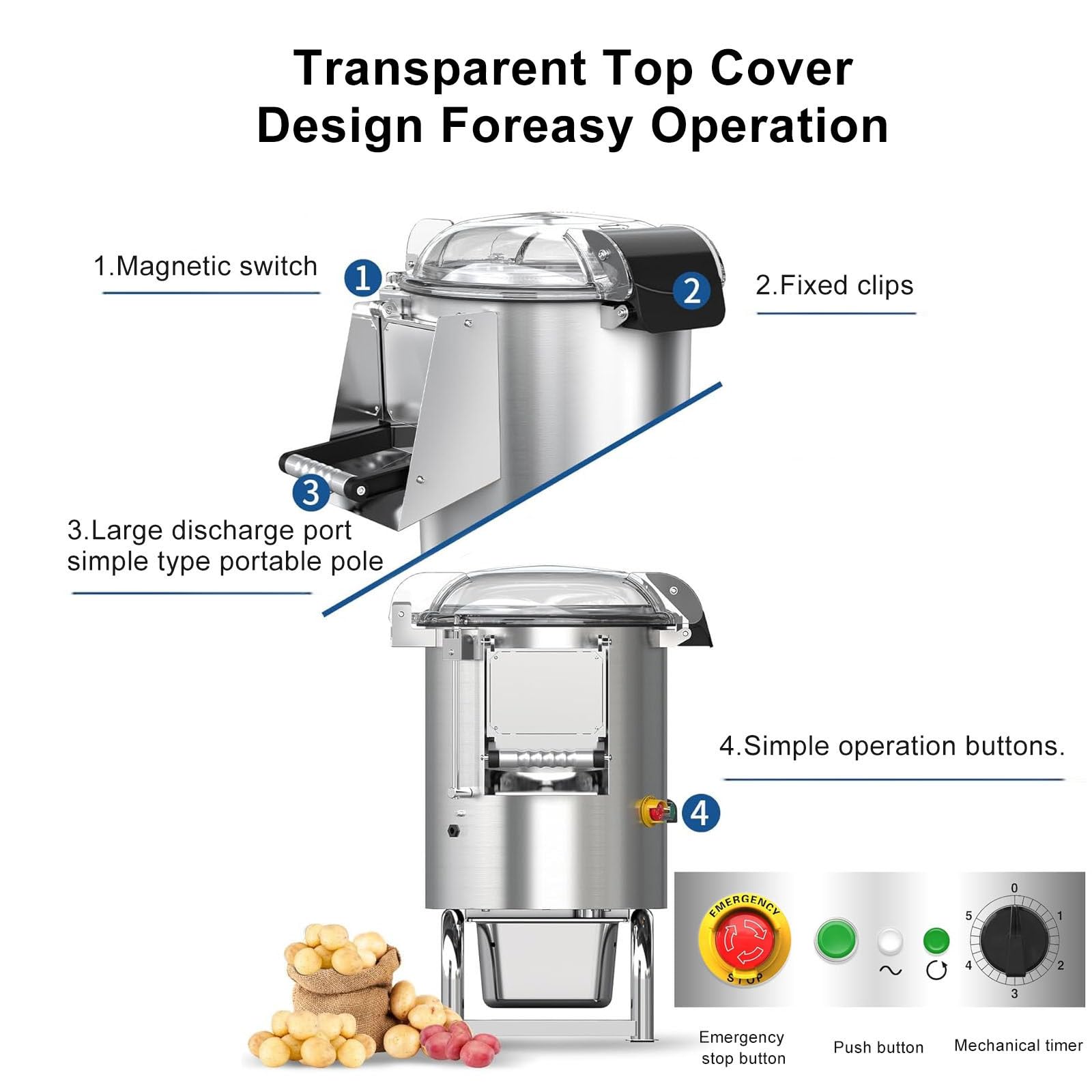 Peladora de Patatas Profesional de 750 W, 70-100 kg/h, con un Solo Toque/Capacidad de 5 kg, Elimina la Piel de Frutas y Verduras, Lavadora de Patatas eléctrica, 110 V
