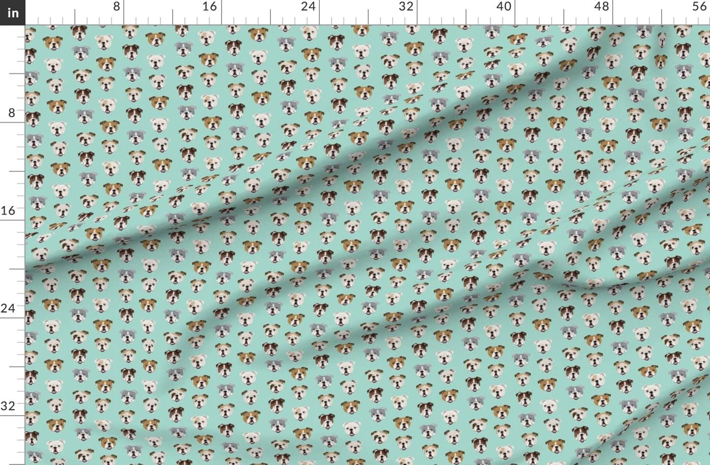 Spoonflower Fabric - English Bulldog Faces Cute Mint Dog Face Dogs Breed Bulldogs Pet Printed on Organic Cotton Sateen Fabric by The Yard - Sewing Quilting Apparel Home Decor