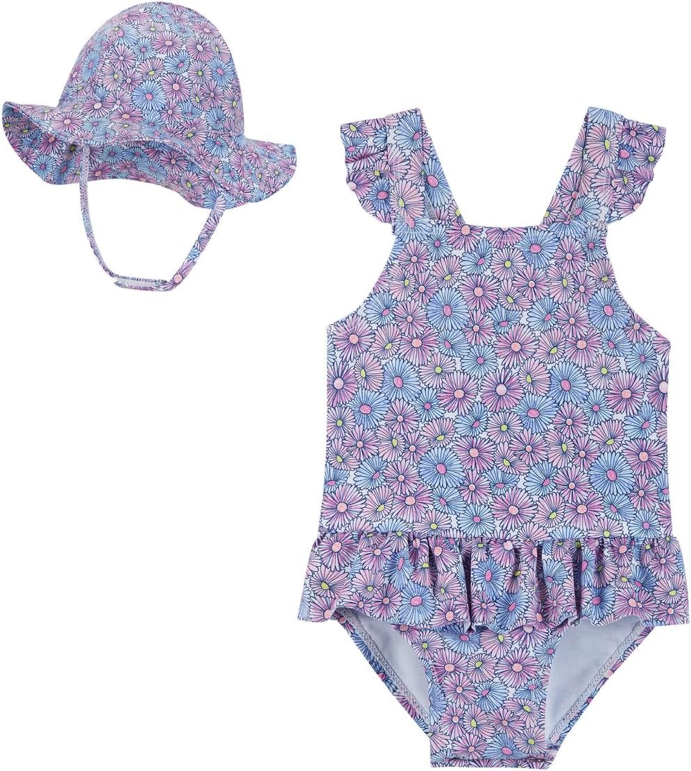 Infant UPF 50+ Baby Daisy Print One-piece Swimsuit & Hat Set | Purple