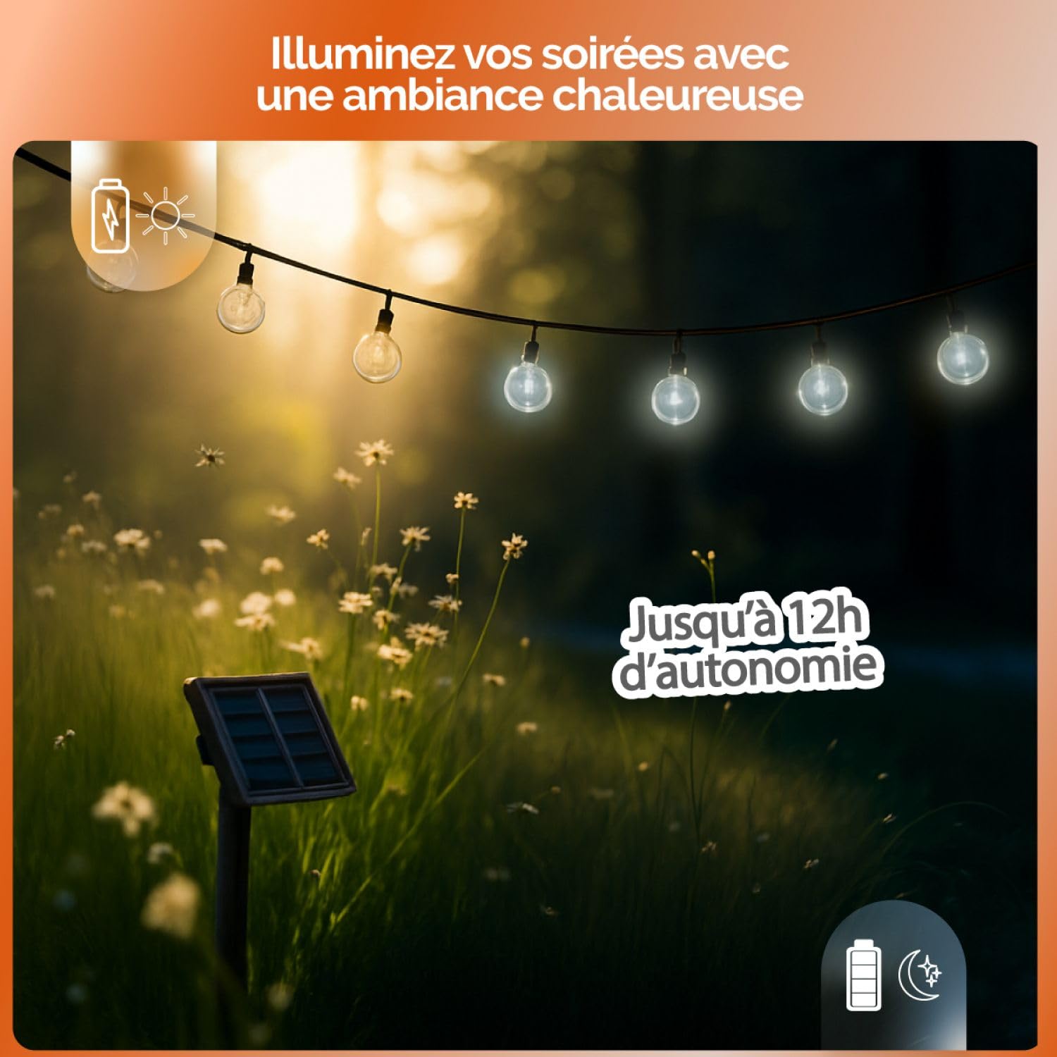 Linxor - Set di 4 ghirlande solari luminose da esterno per giardino o terrazza - Grandi lampadine LED Ø 2,2 cm, 8 modalità - 12 m - Bianco freddo