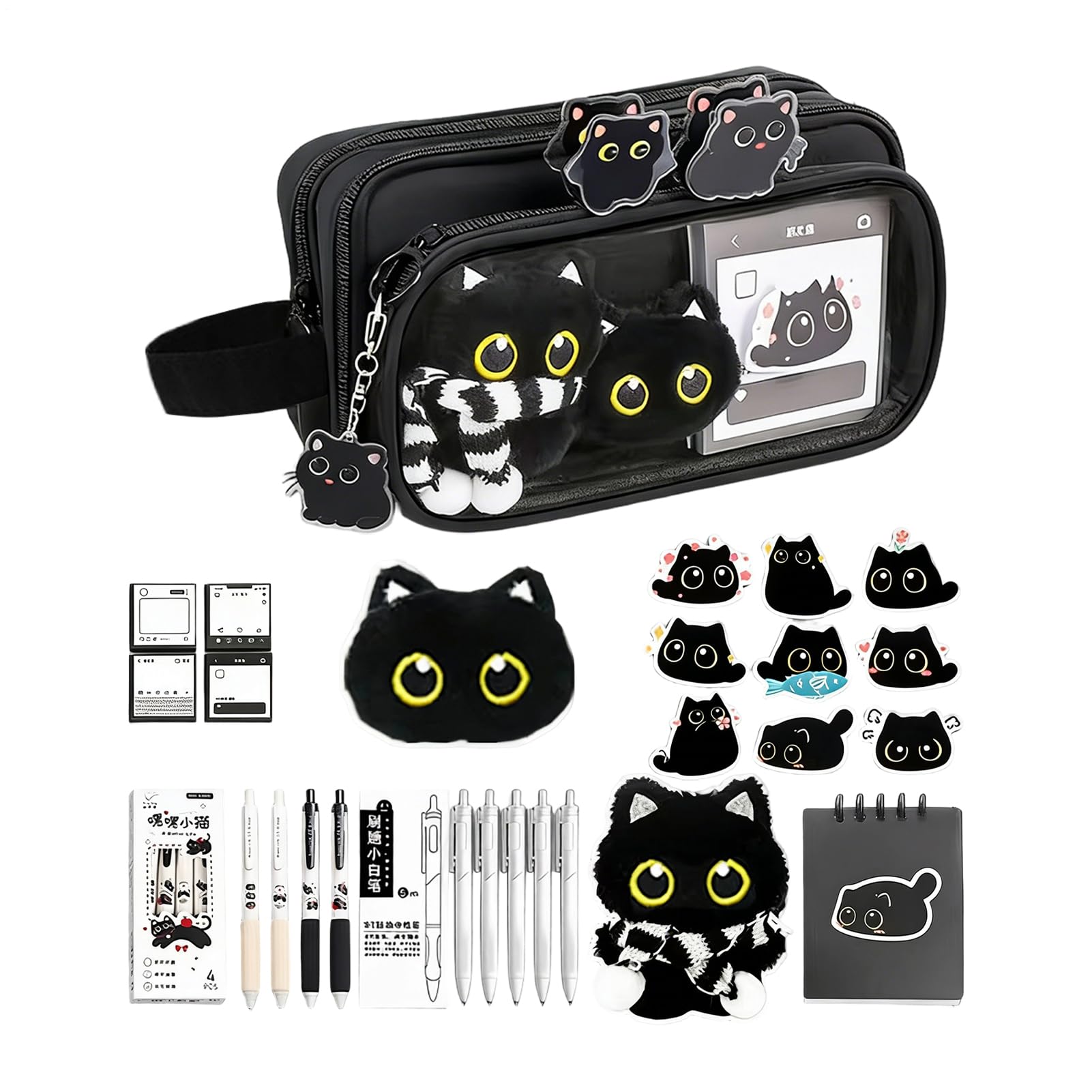 10-Layer Black Cats Pencil Cases, Cute Cat Clear Pencil Case, Cat Pencils Case Stationery Set Included - Detachable Large Capacity Stationery Organizer for Students, Multiple Compartme