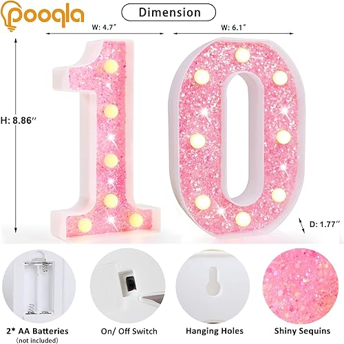 Miniatura 97 de Pooqla - Luz de números con iluminación LED rosa, funciona con pilas, con brillantina, para decoración de fiestas de cumpleaños y hogar Blanco cálido