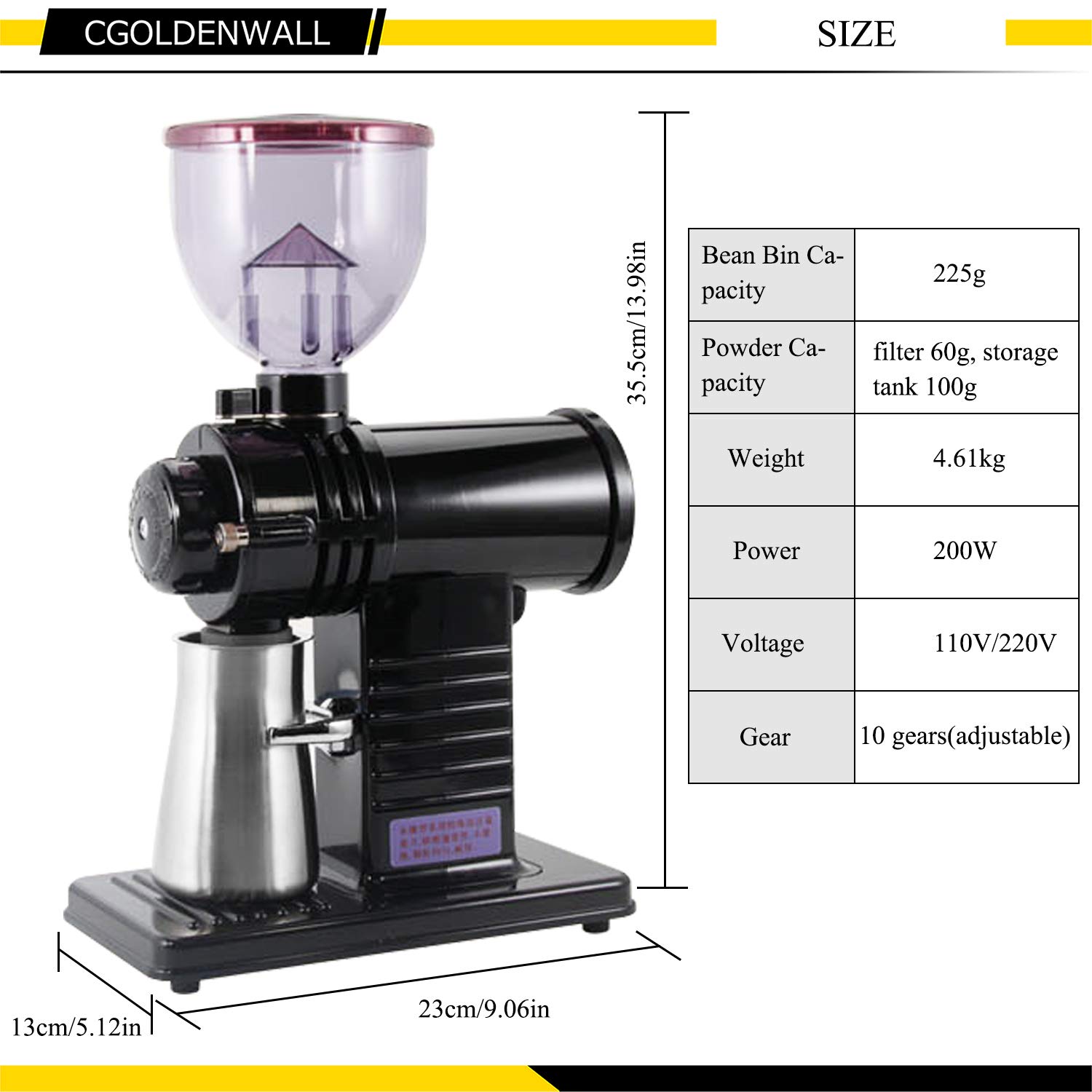 CGOLDENWALL Molinillo de café eléctrico, molinillo de café automático, molinillo de granos de café, molinillo de granos de café, 10 niveles de grosor ajustable (negro)