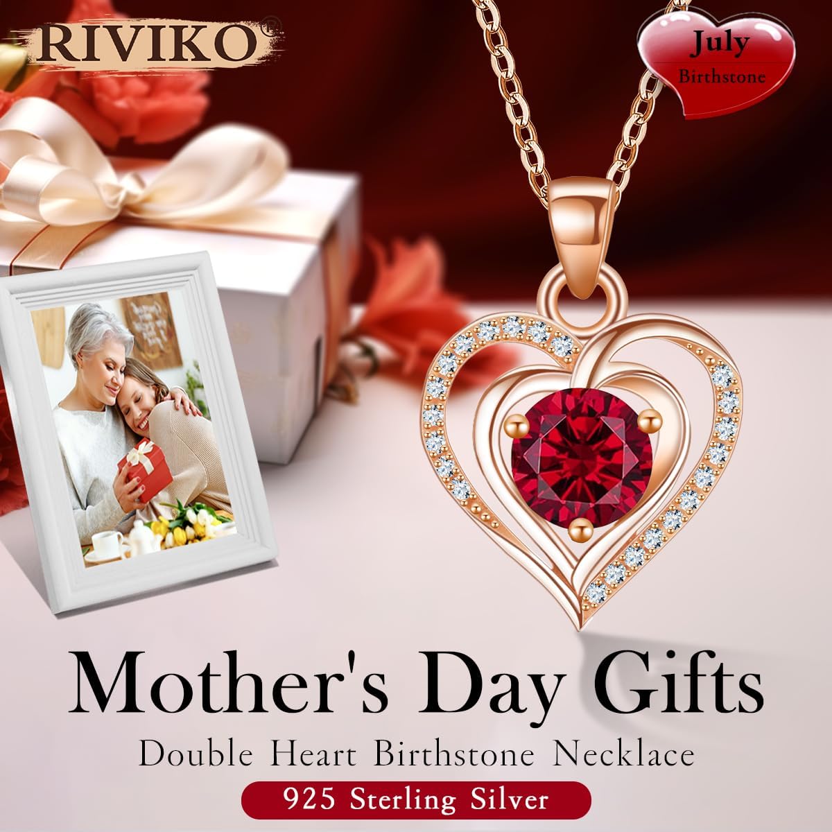 RIVIKO Heart Birthstone Pendant Necklace for Women 925 Sterling Silver Zirconia Necklaces Valentine's Day Anniversary Birthday Mothers Day Jewelry Gifts For Her Mother Wife - Image 2