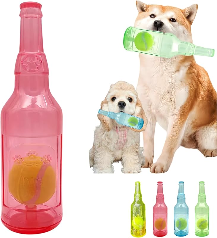 Brinquedo para Cães com Apito e Bola de Tênis em Garrafa TPR Vermelha, Tamanho Médio