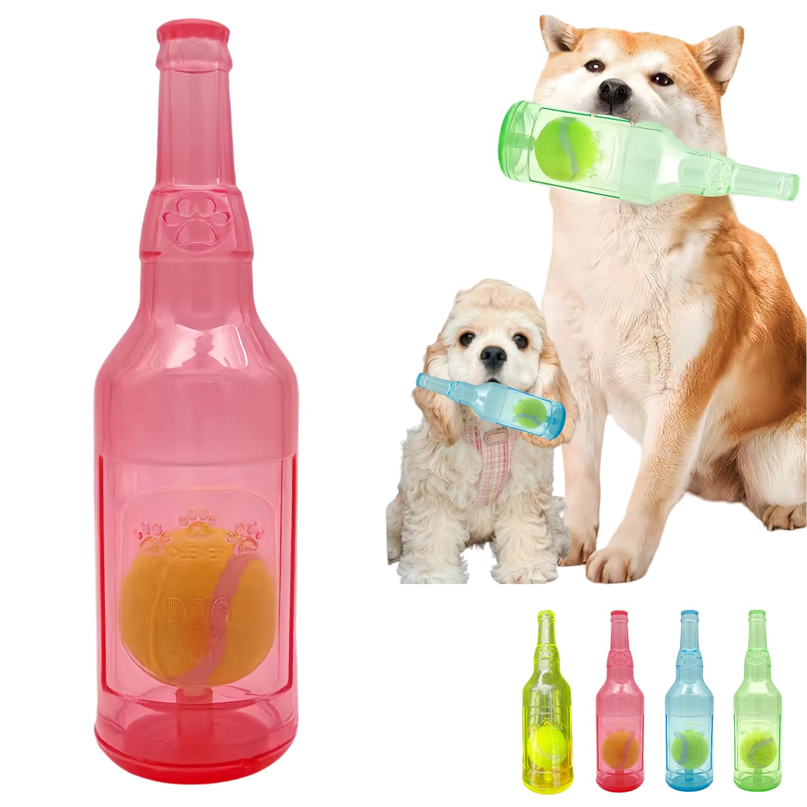 Jatmira Tennis Ball in Bottle Dog Toy [2025 New Upgrade] Reinforced and Thickened Rubber Bottle Dog Chew Toy with Ball Squeaky Fetch Toy Tough (Red, Large)