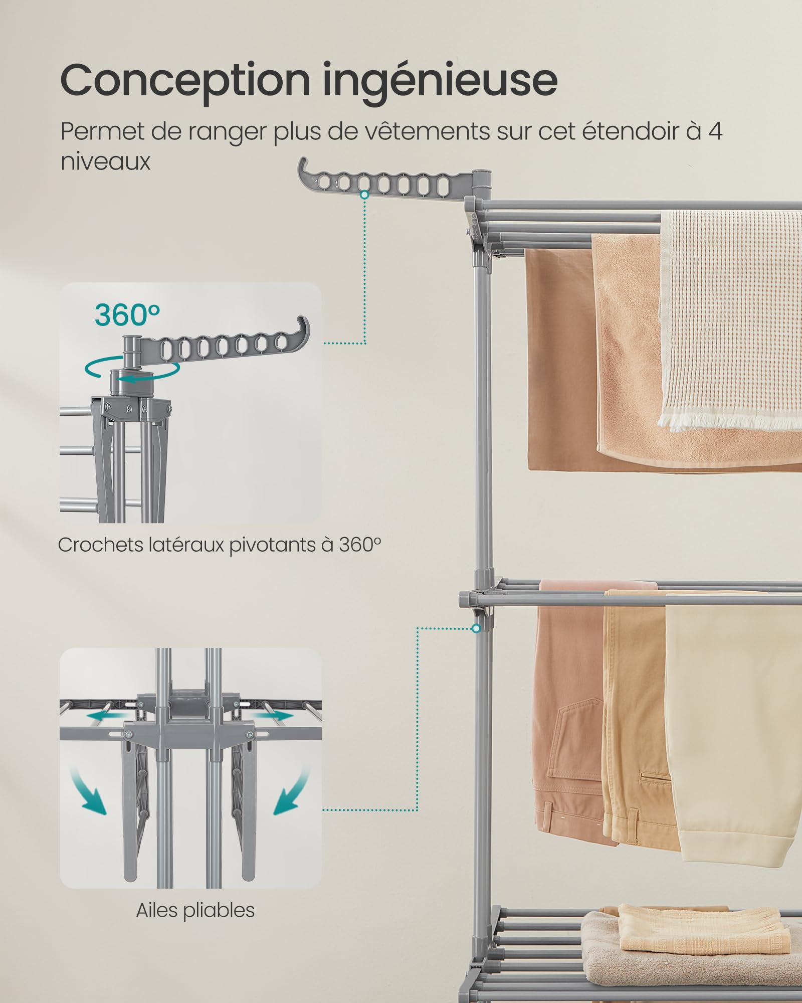 SONGMICS Étendoir à Linge, Séchoir Mobile à 4 Niveaux, avec roulettes, Pliable, 63,5 x (131-200) x 177,5 cm, Grande Capacité, Utilisation Intérieure et Extérieure, Gris Tourterelle LLR704G01