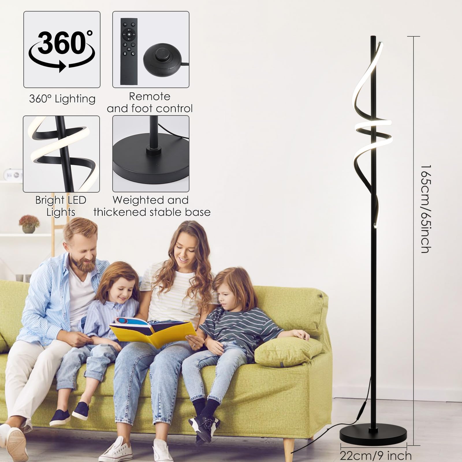 Stehlampe Wohnzimmer Modern LED Dimmbar Leselampe Stehleuchte mit Fernbedienung und Fußschalter 48W 3 Farbtemperatur Memory-Funktion Standleuchte für Wohnzimmer Schlafzimmer Büro 165cm Schwarz
