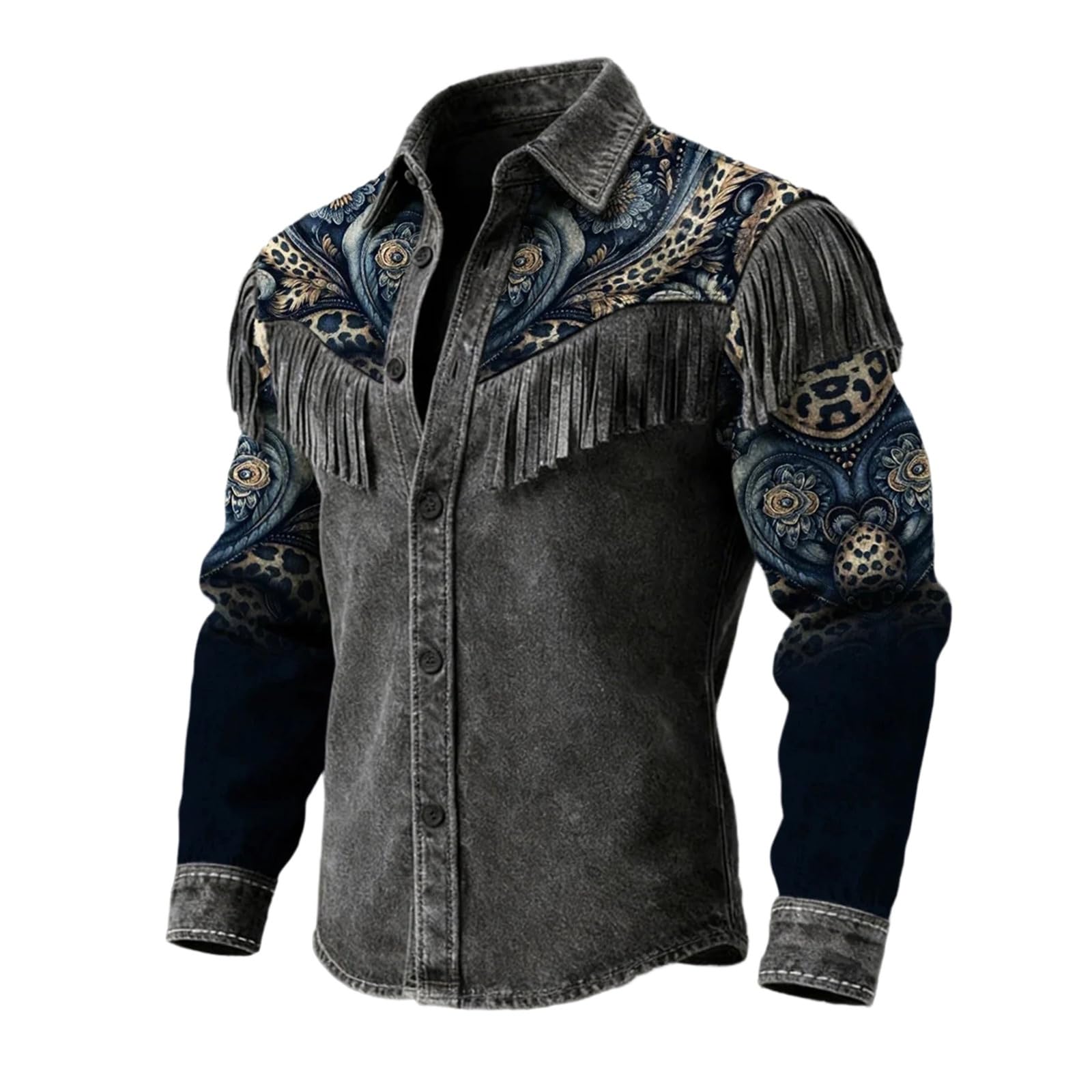Generico Camicia da Lavoro Uomo Camicia Western Stile Cowboy con Frange Decorazione per Casual Abbottonata a Maniche Lunghe Festival Musicale Country