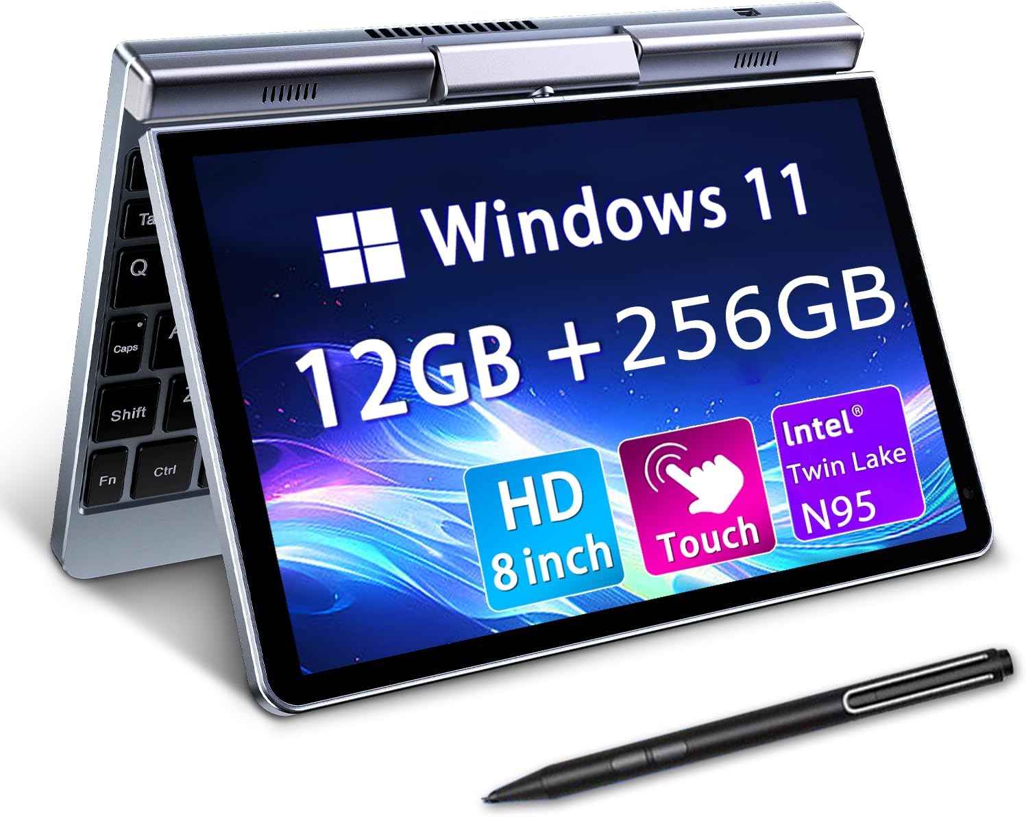 Mini Laptop 8" 2-in-1, Laptop Computer Win 11, Intel N95(up to 3.4GHz), 12GB RAM 256GB SSD, Touchscreen HD, Backlit Keyboard, Lightweight Portable PC for Work/Kids/School (N95(12GB+256GB))