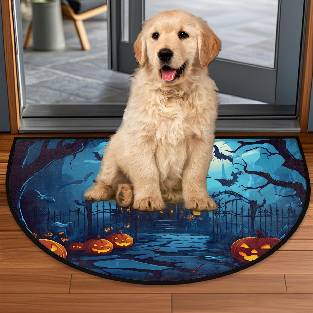 cfpolar Half Round Door Mat Halloween Castle Pumpkin Bats Non-Slip Semi Circle Area Rug Washable Half Moon Hearth Rugs for Indoor Outdoor Bathroom Kitchen Patio Runner Mat Laundry Room Home Decoration