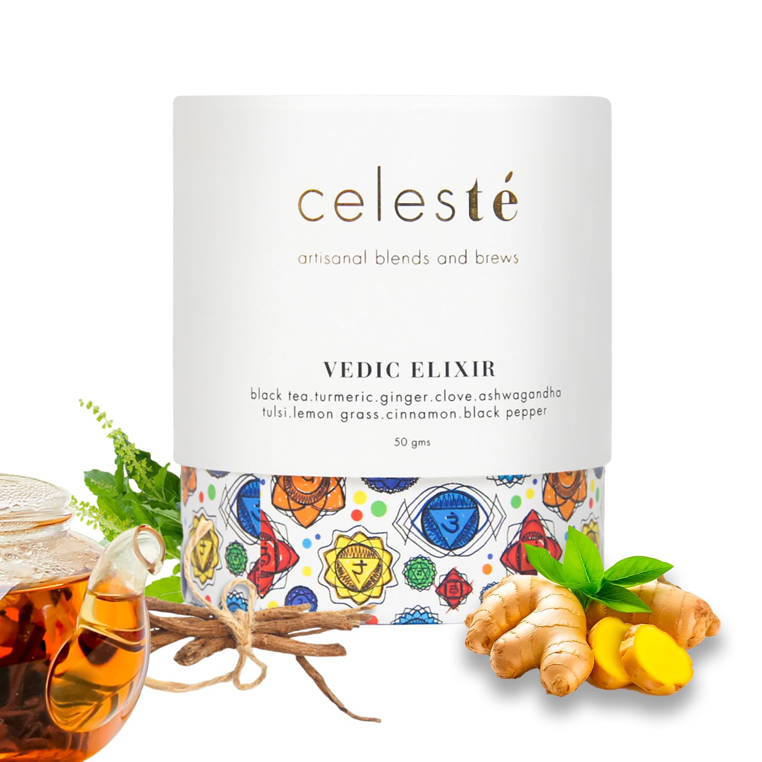 CelesTe Vedic Elixir - Turmeric Tea Loose Leaf - Premium Blend with Cinnamon, Black Pepper, Lemon Grass, Tulsi, Clove and Ashwagandha | 100% Natural Loose Leaf Black Tea (1.76 oz) (50 gm) (25 Cups)