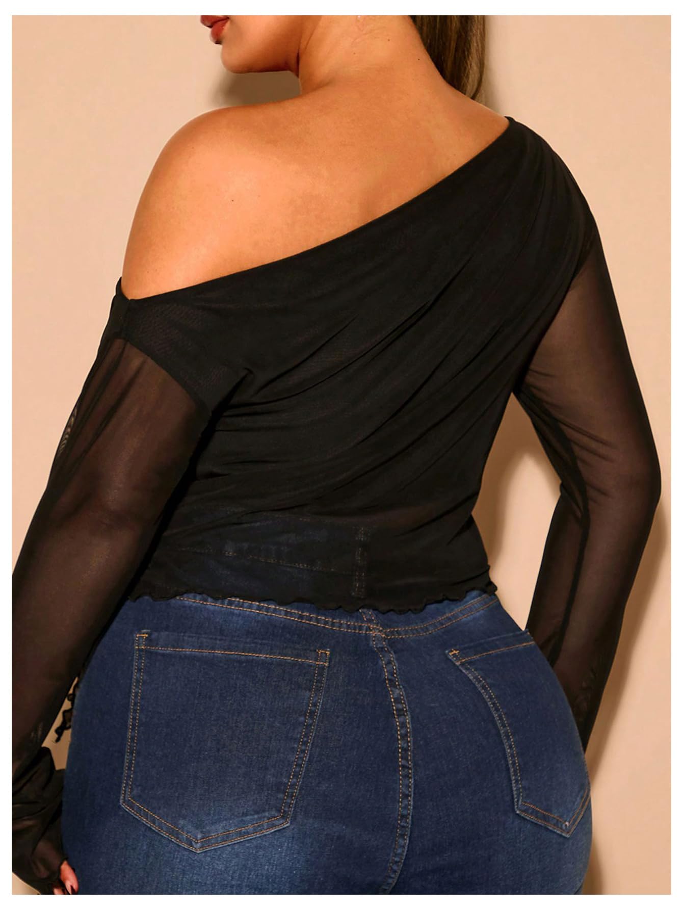 Women's Plus Size Sheer Mesh Off Shoulder Tops Long Sleeve Drawstring Asymmetrical Hem Ruched T Shirt