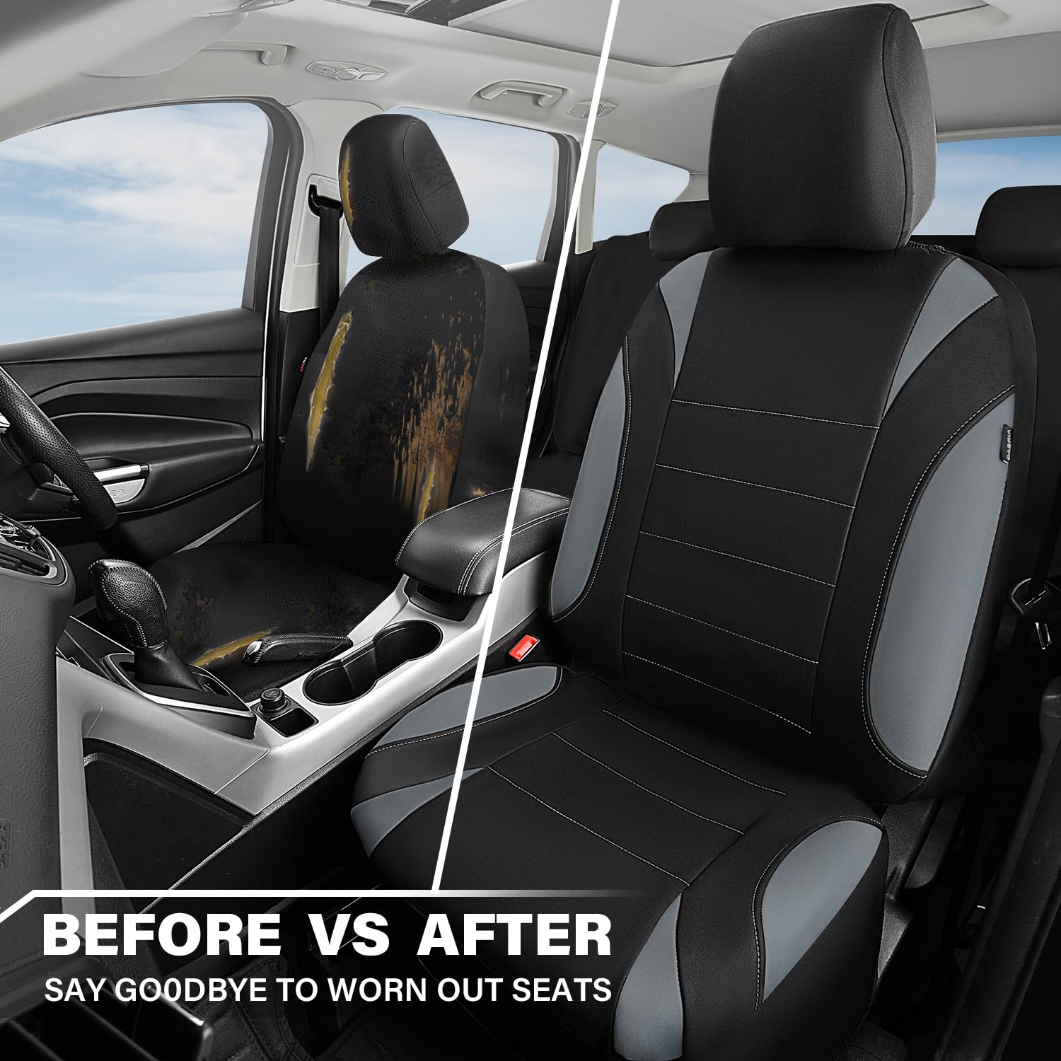 CAR PASS Waterproof Car Seat Covers Front Seats Only with 5mm Composite EVA, Neoprene Car Seat Cover with Separate Headrest Cover, Quick Setup Universal Fit for Car SUV Trucks,Airbag Compatible（Gray