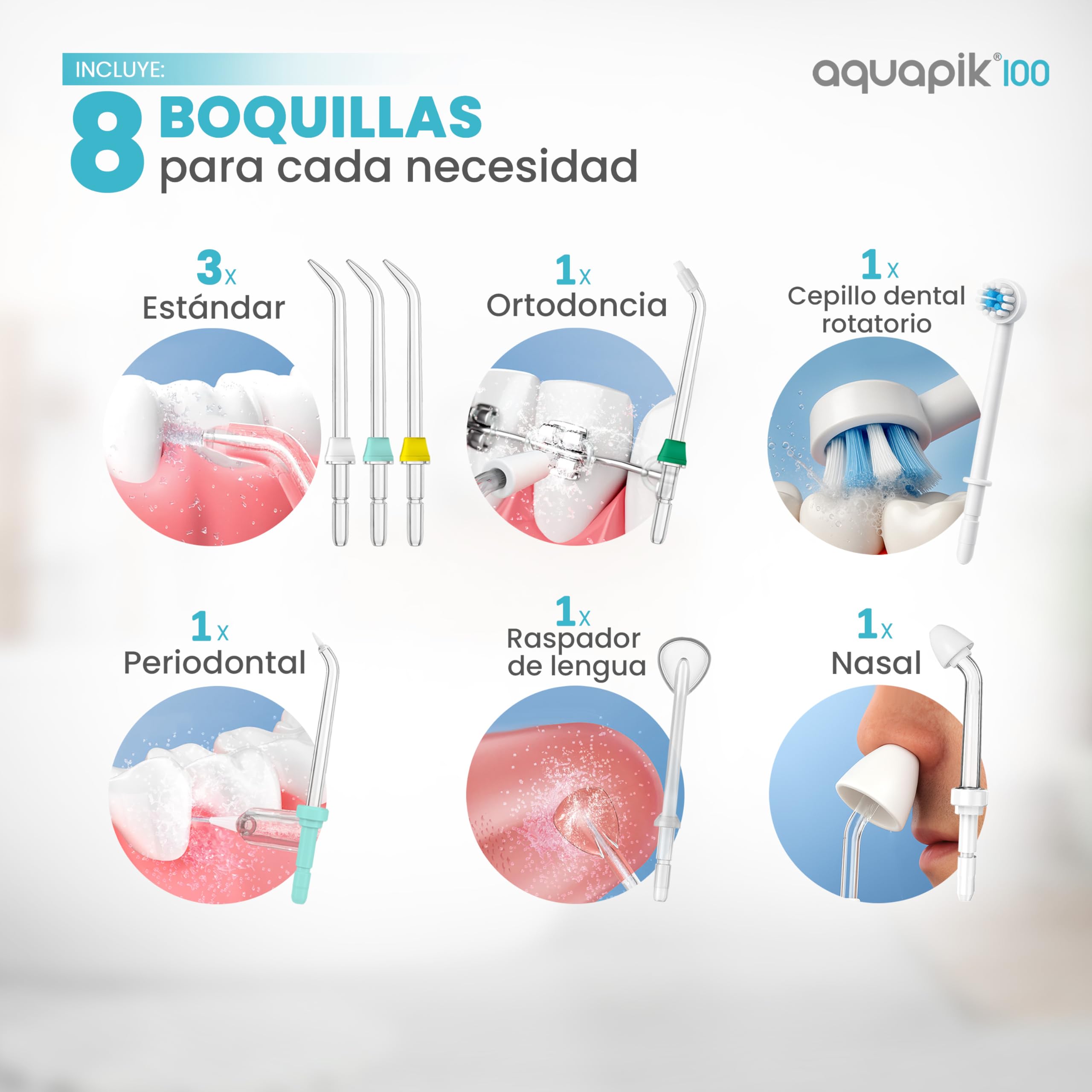 Irrigador dental Aquapik100® profesional waterflosser limpieza profunda 10 niveles de presión 8 boquillas depósito 600ml para encías sensibles ortodoncia puentes implantes elimina placa dental Blanco