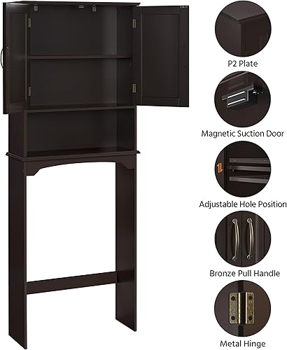 Miniatura 33 de Yaheetech Armario sobre el inodoro, organizador de almacenamiento de baño de doble puerta, estante de inodoro con estante interior ajustable y