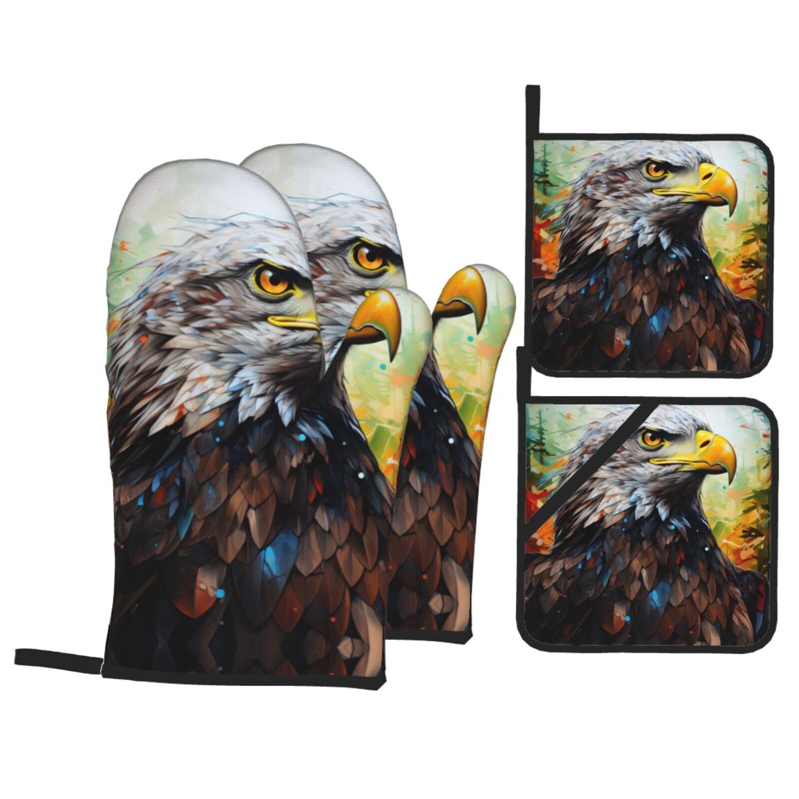eagle Print Stylish 4-Piece Microwaving Oven Waterproof Kitchen Gloves Baking Holiday Cooking