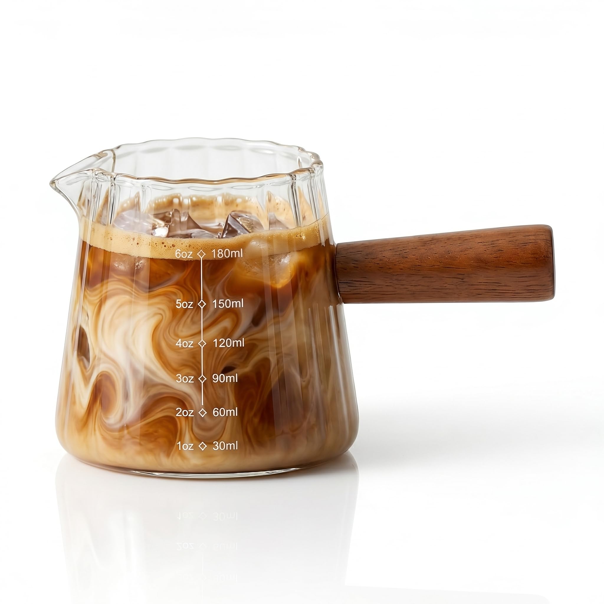 6 oz Espresso Cups With Wood Handle, Espresso Accessories, Ribbed Milk Frothing Pitcher, Glass Measuring Cup, Shot Glass with V-Shaped Mouth, Coffee Bar Epresso Shots Cup