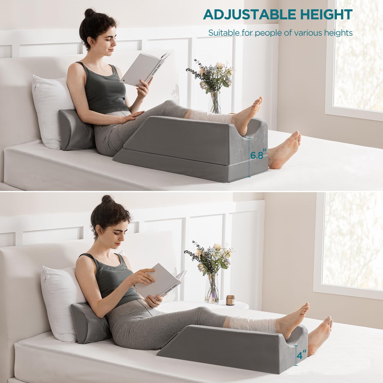 UBBCARE Almohadas de elevación de piernas para después de la cirugía, almohadas de espuma viscoelástica para dormir e hinchazón, almohada de rodilla ajustable de 3 alturas con asas y funda extraíble