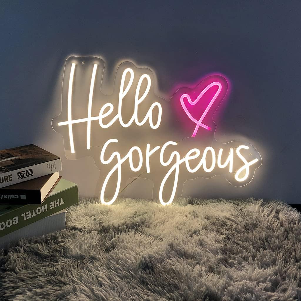 Large LED Neon Signs for Hello Gorgeous, 19.7 inches Wedding Light Neon Signs for Bedroom, Birthday Party, Home,Bar, LED Neon light Sign for Home Wall Christmas Decor Art Gift((Warm White,19.7x14.1)