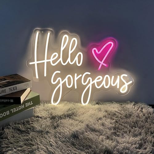 Miniatura 3 de Letreros de neón LED grandes para Hello Gorgeous, luces de neón rosas de 23.6 pulgadas para dormitorio, fiesta de cumpleaños, bar, letrero de luz de