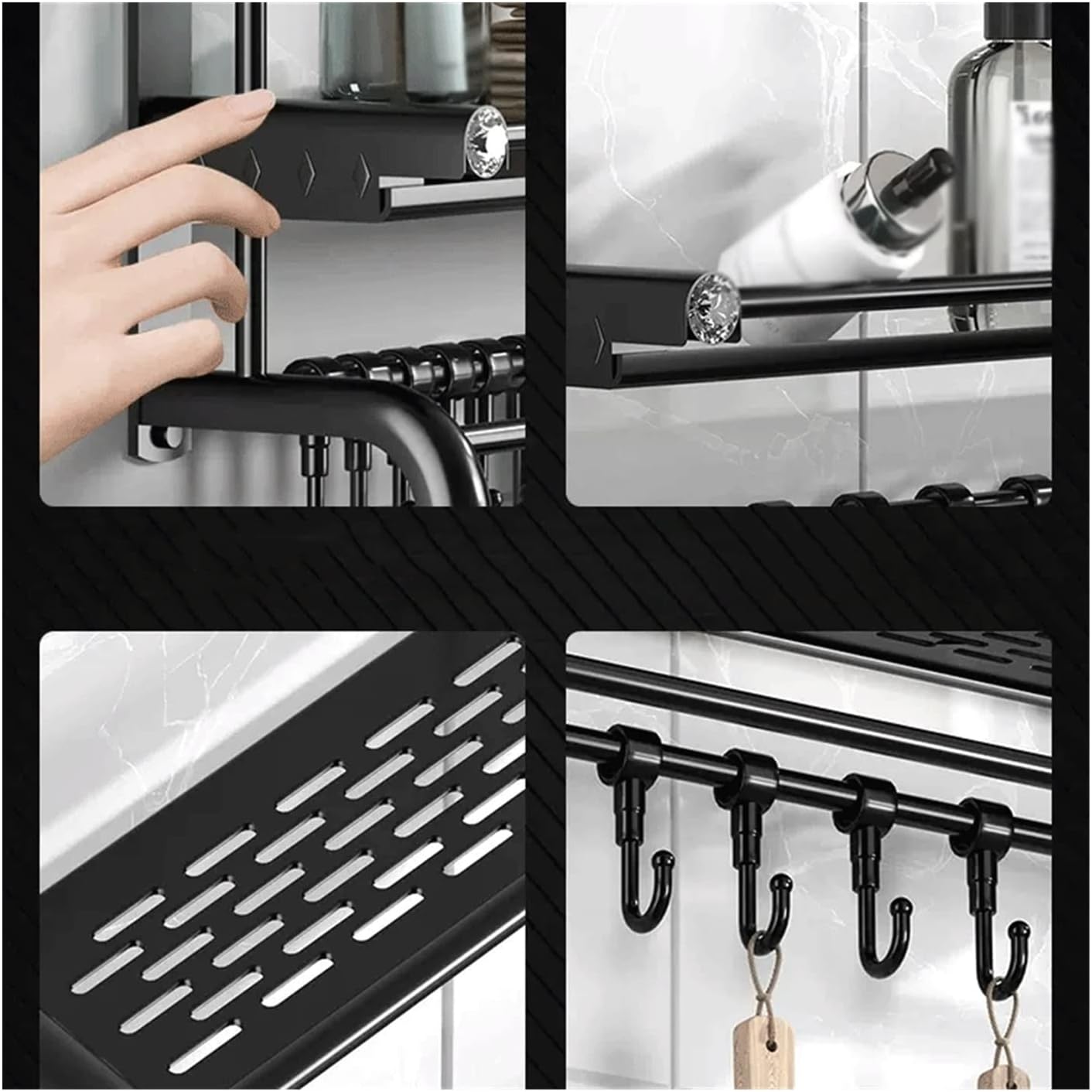 シャワーキャディ収納ラック トイレ洗面台 単層メタルシンプル収納ラック キッチンカウンタートップメタル収納ラック フックとタオルラッ