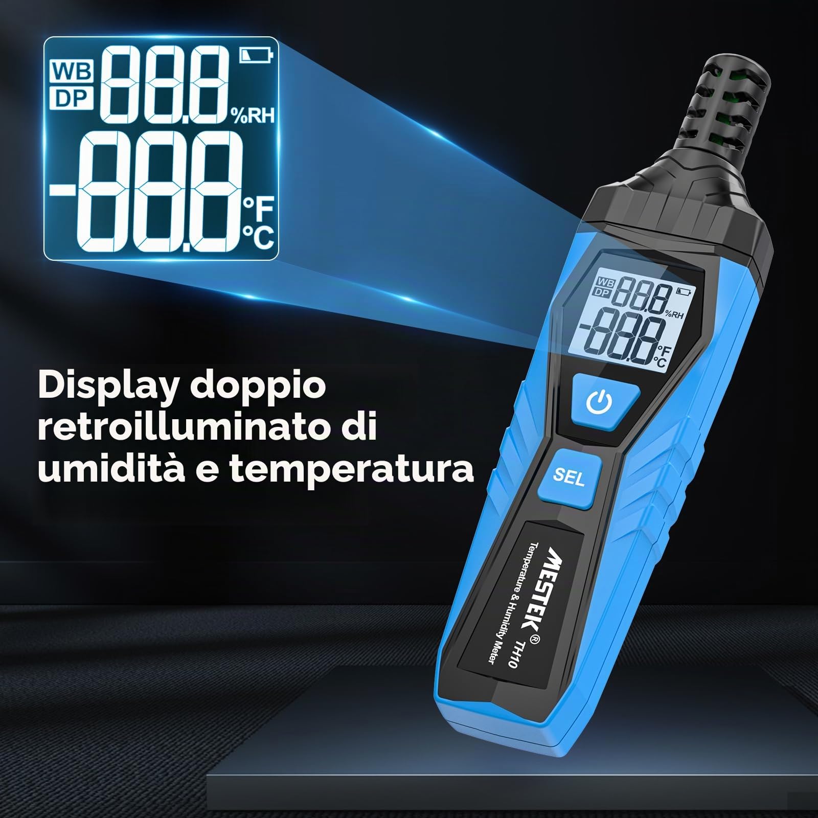 Termometro Igrometro MESTEK Termometro Digitale Ambiente Interno Portable Misuratore di umidità e Temperatura, Punto di Rugiada e Temp di Bulbo Umido, per Industria Agricoltura Meteorologia