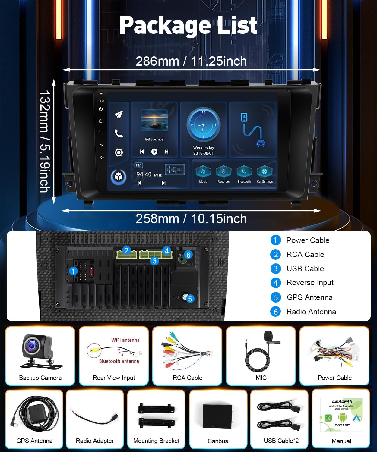 Diagram showing all components included in the Leadfan Car Stereo package.